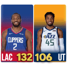 two basketball players from the clippers and jazz are standing next to each other