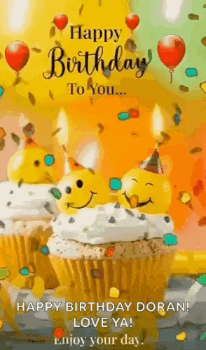 a happy birthday greeting card with cupcakes , candles , and balloons .