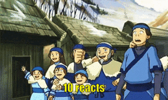 a group of people standing in front of a building with the words " 10 reacts " written on the bottom