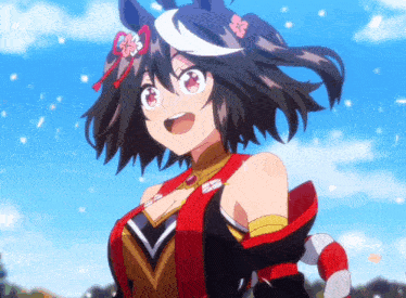 a girl in a red and black outfit with a flower on her hair
