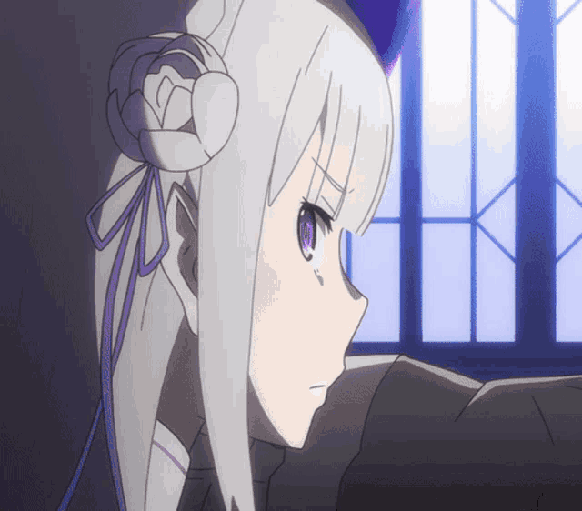 a white haired anime character with purple eyes