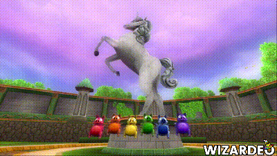a statue of a unicorn is surrounded by rainbow colored animals and the words wizardeo are on the bottom