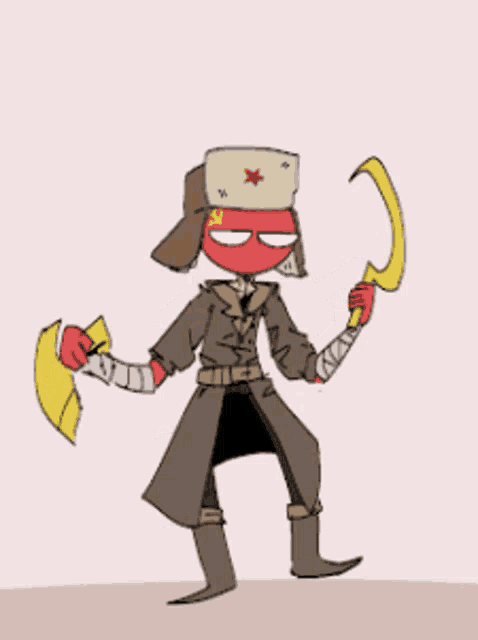 a cartoon drawing of a russian soldier holding a banana and a hammer .
