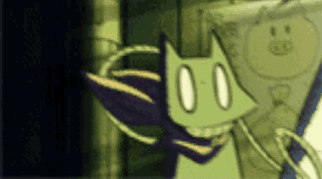 a cartoon cat with a scarf around its neck is standing next to a cartoon pig .