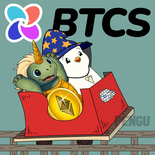 a roller coaster with a turtle and a penguin on it and the word btcs behind them