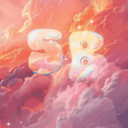 the number 58 is floating in the air surrounded by pink clouds