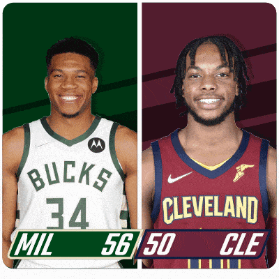 two basketball players from the bucks and cleveland are standing next to each other