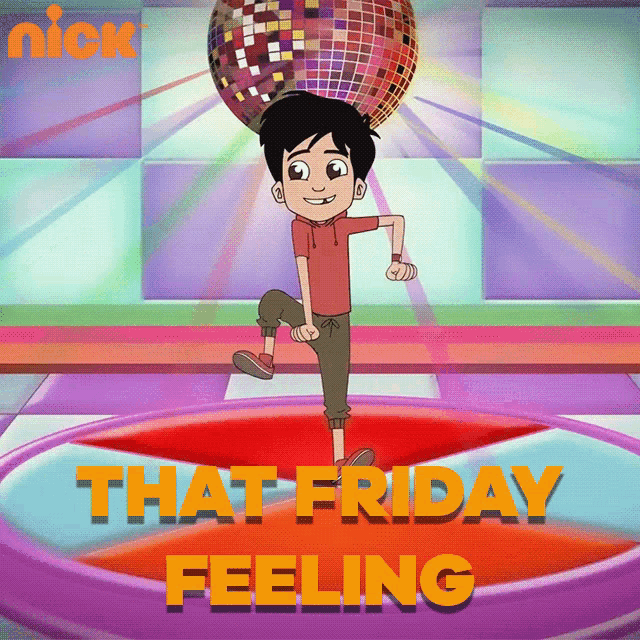 a cartoon of a boy holding a disco ball with the words that friday feeling