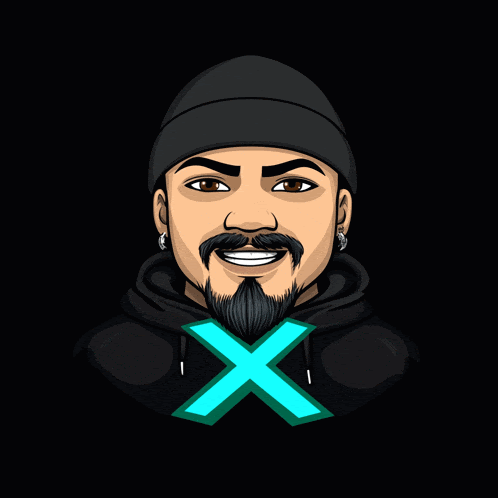 a man with a beard is wearing a black hoodie with a blue x on the front