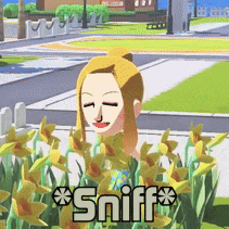 a cartoon of a girl sniffing flowers in a garden