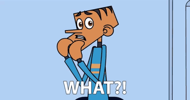 a cartoon character with a long nose and the words what on the bottom