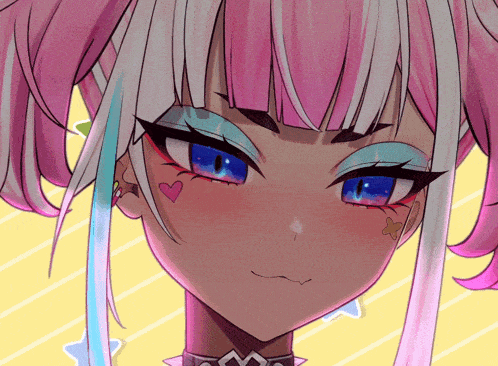 a close up of a girl 's face with blue eyes