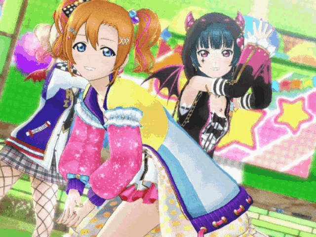 two anime girls are standing next to each other with one wearing a hoodie with horns and the other wearing a plaid skirt