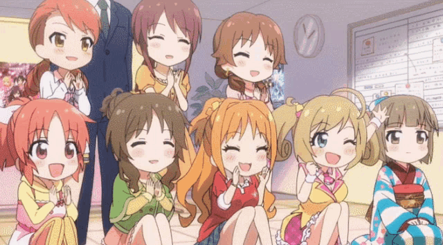 a group of cartoon girls are posing for a picture with a clock in the background
