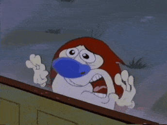 a cartoon character with red hair and a blue nose is looking out a window