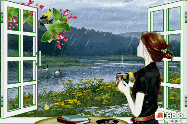 a woman sits in front of an open window looking out at a river