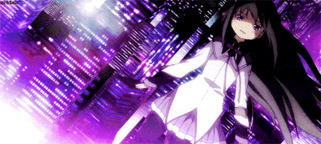 a girl in a white dress stands in front of a city skyline