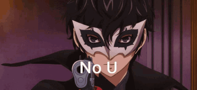 a man with a mask on his face and the word no u above him