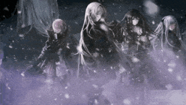 a group of anime girls standing next to each other in the snow holding guns .