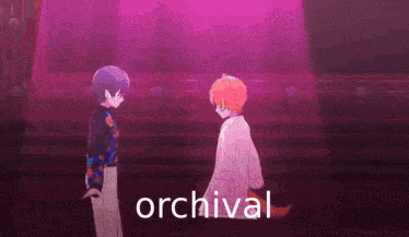 a couple of anime characters are standing next to each other in front of a purple background .