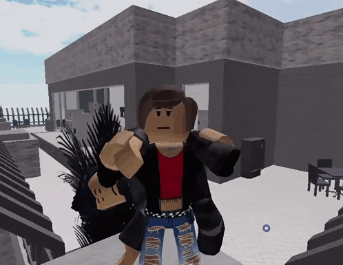 a cartoon character is standing in front of a building and giving the middle finger
