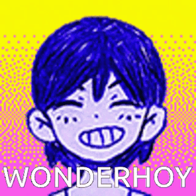 a pixel art drawing of a boy with blue hair and the words wonderhoy on a yellow and pink background .