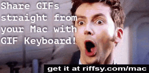 a man with a surprised look on his face with the words " share gifs straight from your mac with gif keyboard "
