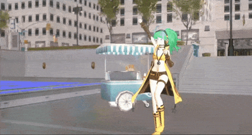 a girl with green hair is standing in front of a food cart that says ' ice cream ' on it