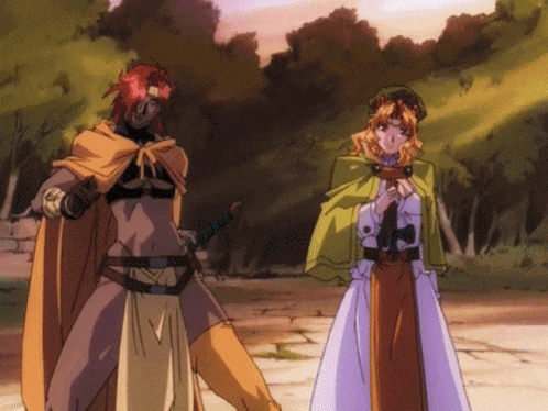 two anime characters are standing next to each other on a path