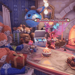 a video game character named jennuine the mystical is sitting at a table with gifts and a cake