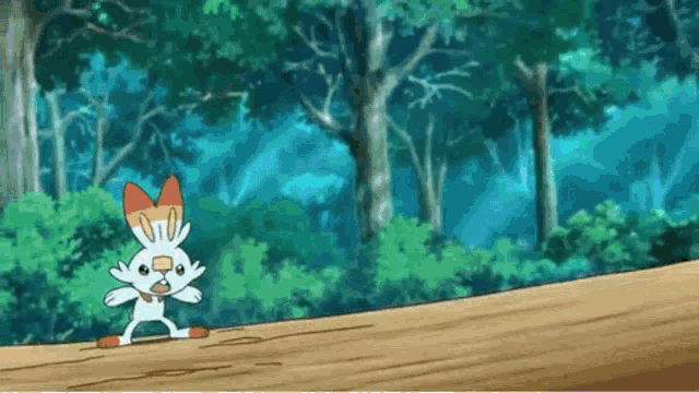 a cartoon rabbit is standing on a wooden plank in the woods .