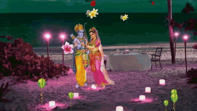 a painting of a bride and groom on a beach at night