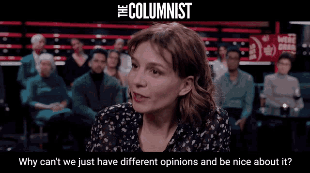 a woman is sitting in front of a crowd with the columnist written above her