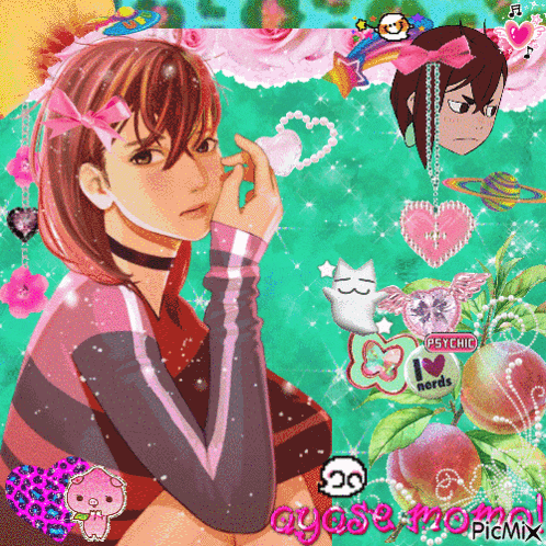 a picture of a girl with a choker and a sticker that says psychic on it