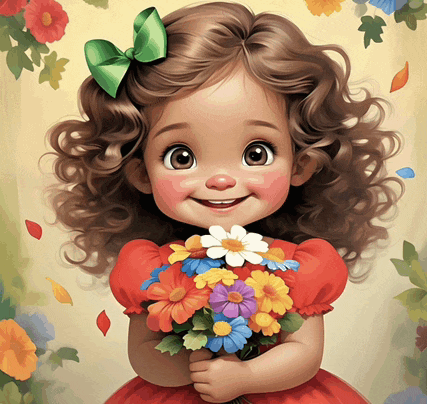 a little girl in a red dress is holding a bouquet of flowers and smiling