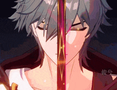 a close up of a person 's face with a sword in front of it