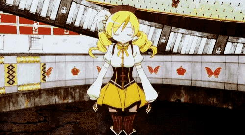 a girl in a yellow dress is standing in a room