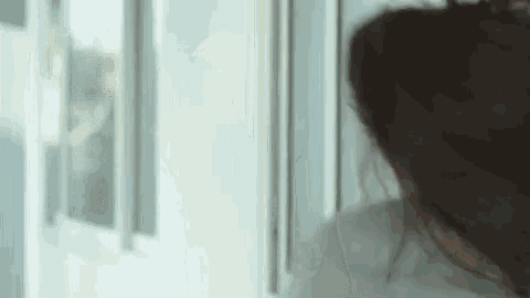 a woman is standing in front of a window and looking at herself in a mirror .