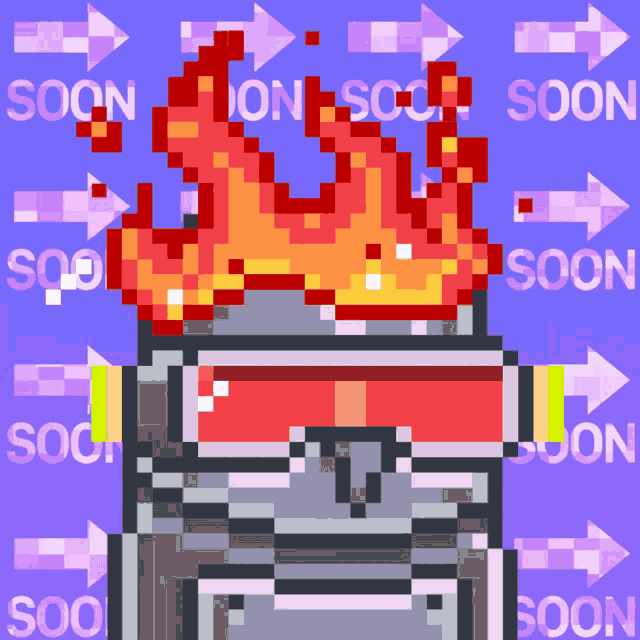 a pixel art of a robot with flames coming out of it 's head with the word soon behind it
