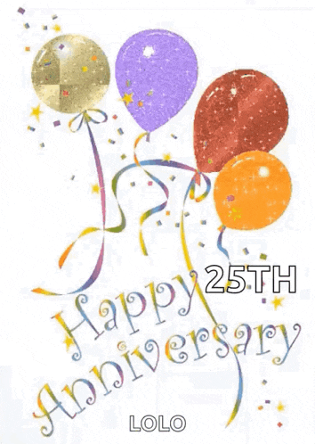 a happy 25th anniversary greeting card with balloons and confetti