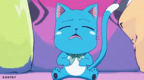 a cartoon of a blue cat crying with exster written underneath it