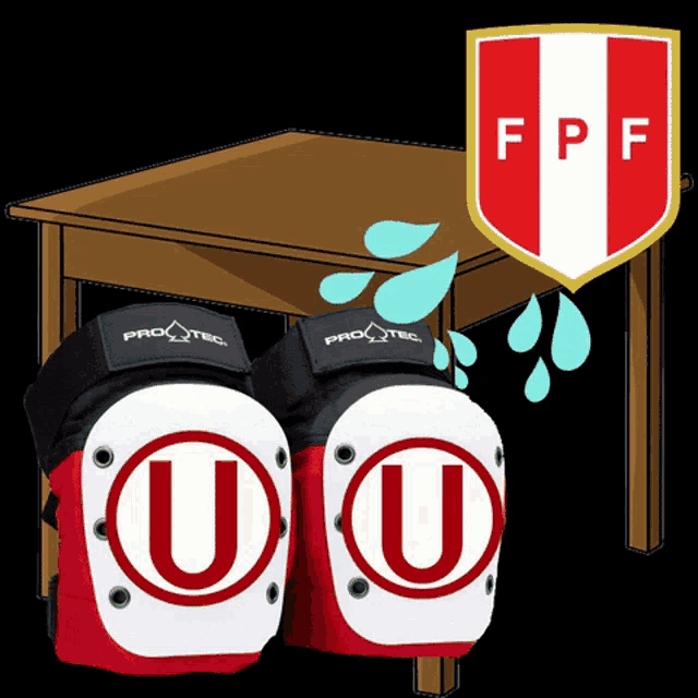 a pair of knee pads with the letter u on them next to a shield that says ff