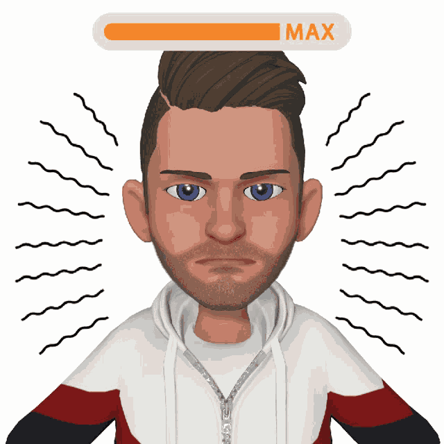 a cartoon of a man with blue eyes and a beard with a max bar above his head