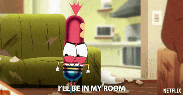 a cartoon character says " i 'll be in my room " in front of a green couch
