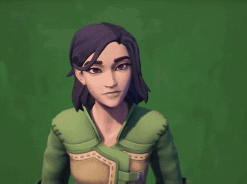 a cartoon character with blue hair and a green shirt looks at the camera