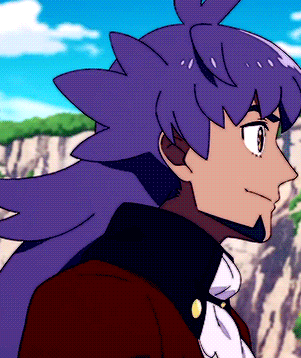 a man with purple hair is wearing a red jacket