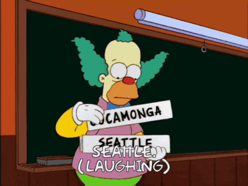 a cartoon character holding a sign that says seattle laughing