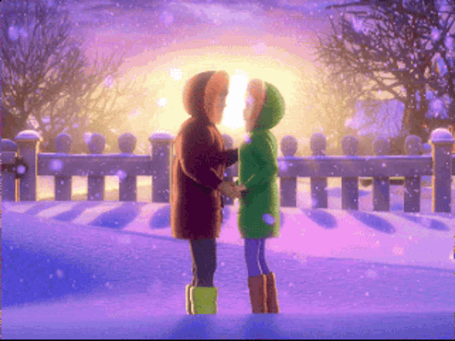 a couple of people standing in the snow with a fence in the background