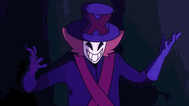 a cartoon character with a purple hat and a purple cape
