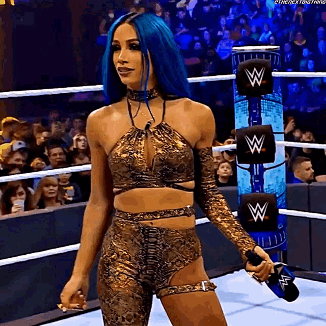 a woman with blue hair is standing in a wrestling ring holding a microphone ..
